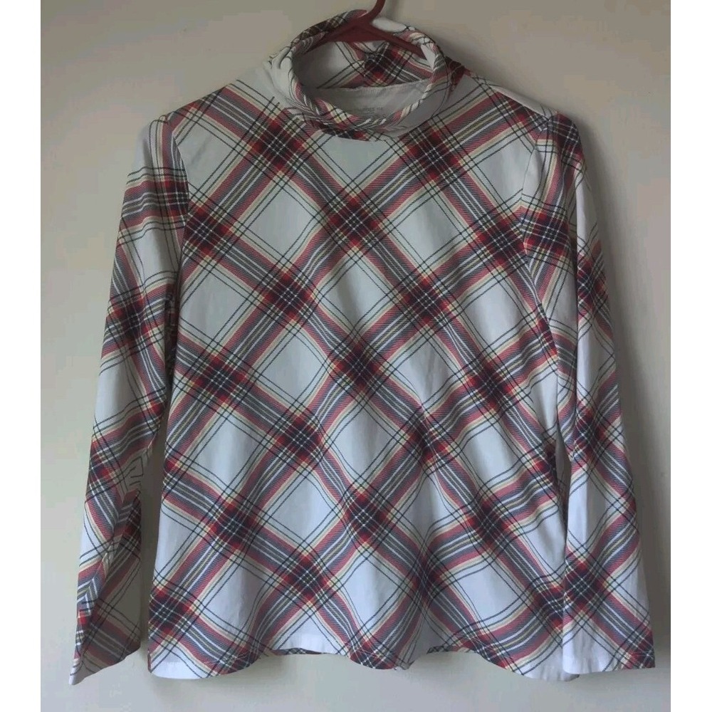 The Talbots Tee Women's Petite Size Large Long-Sleeve Turtleneck Plaid Cream